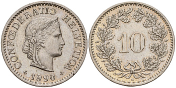 Швейцария 10 раппенов 1990 KM 27 медно-никель 4152-1069