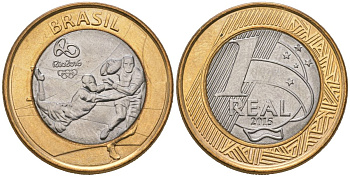 Бразилия 1 реал 2015 XXXI летние Олимпийские Игры, Рио-де-Жанейро 2016 - Регби KM 707 биметалл UNC 4619-323