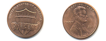 США 1 ЦЕНТ 2011 ЛИНКОЛЬН, ЩИТ KM 469 цинк плакированный медью 86-361
