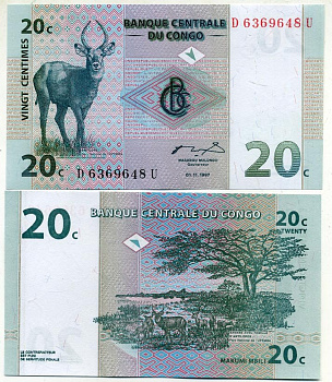 ДР Конго 20 сантимов 1997 антилопа, национальный парк Упемба Pick 83 a бумага UNC (пресс) 448-65-1