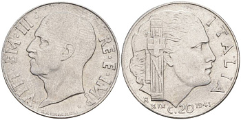 ИТАЛИЯ 20 ЧЕНТЕЗИМО 1941 R, ГОД XIX, ВИКТОР ЭММАНУИЛ III (1900-1946) KM 75b, VEM3. 1028 нержавеющая сталь 3853-617