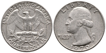 США 25 центов (квотер) 1970 Вашингтон KM 164а медь плакированная медно-никелем 4364-514