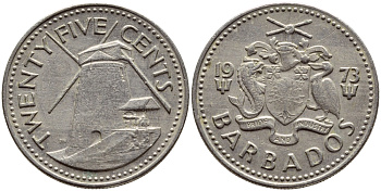 Барбадос 25 центов 1973 ветряная мельница Моргана Льюиса KM 13 медно-никель 4398-313
