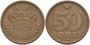 Дания 50 эре 1993 Маргрете II (1972- ) KM 866.2 бронза 4606-714