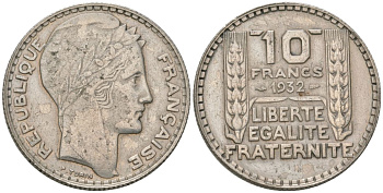 Франция 10 франков 1932 Пьер Тюрен KM 878, Le Franc 360.5 серебро 4390-323