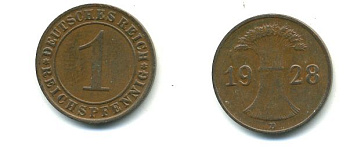 ГЕРМАНИЯ 1 РЕЙХСПФЕННИГ 1928 D KM 37, J.313 бронза 46-859