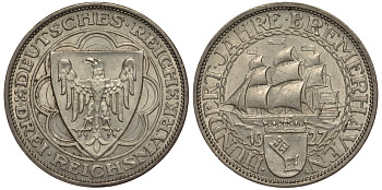 Германия 3 марки 1927 A, 100 летие основания Бремерхафена J. 325, KM 50 серебро 00-804-67