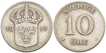 Швеция 10 эре 1918 W, Густав V (1907-1950) KM 780 серебро 116-1141