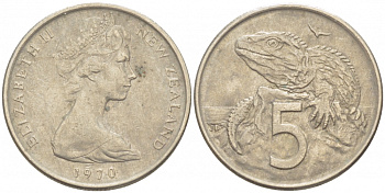 Новая Зеландия 5 центов 1970 Елизавета II (1952-2022), ящерица гаттерия KM 34.1 медно-никель 214-847