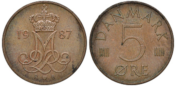 ДАНИЯ 5 ЭРЕ 1987 R; B, МАРГРЕТЕ II (1972-) KM 859.3 железо плакированное медью 72-1628