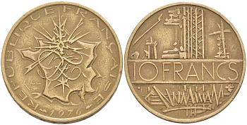Франция 10 франков 1976 тип Матье KM 940, Le Franc 365.7-8 никель латунь 111-943