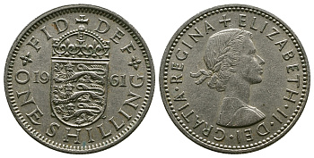 Великобритания 1 шиллинг 1961 Елизавета II (1952-2022), Английский герб KM 904, Spink 4147 медно-никель 4384-436