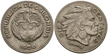 Колумбия 10 сентаво 1956 В, индеец Каларка KM 212 медно-никель 4189-725