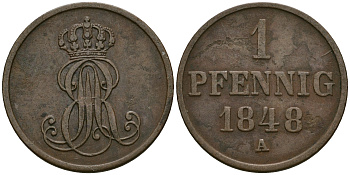 Ганновер 1 пфенниг 1848 A, Эрнст Август (1837-1851) KM 201.2, AKS 130, J. 74 медь 4608-1024