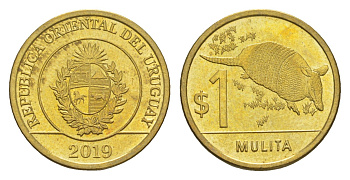 Уругвай 1 песо 2019 KM 135 сталь плакированная латунью UNC 4613-458