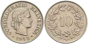 ШВЕЙЦАРИЯ 10 РАППЕНОВ 1943 В KM 27 медно-никель 31-1223