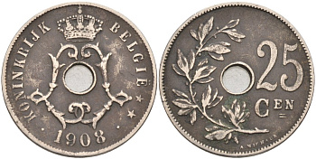 Бельгия 25 сантимов 1908 Belgie KM 63 медно-никель 190-735