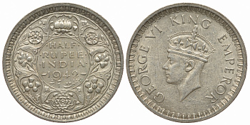 Британская Индия 1/2 рупии 1942 Георг VI (1936-1952) KM 551 серебро 4044-722