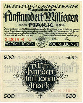 Германия, Дармштадт 500000000 марок (500 миллионов) 1923 1 октября 1923, нотгельд, земля Гессен, номер, снежинка, серия С, Hessesche Landesbank Keller 956е  бумага  аUNC  8613-21-1-2