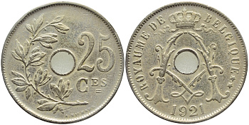 БЕЛЬГИЯ 25 САНТИМОВ 1921 BELGIQUE KM 68.1 медно-никель 86-952