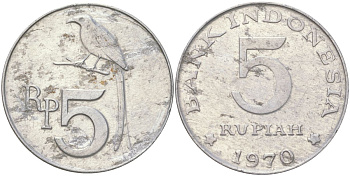 Индонезия 5 рупий 1970 черный дронго KM 22 алюминий 4143-1151