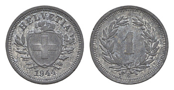 Швейцария 1 раппен 1944 B KM 3a цинк 4630-517