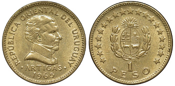 Уругвай 1 песо 1965 KM 46 алюминиевая бронза 94-523