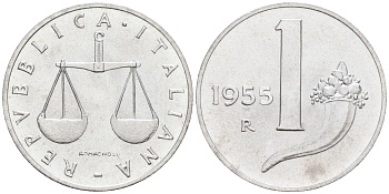 Италия 1 лира 1955 R, весы KM 91 алюминий  UNC  4594-657