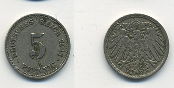 Германия 5 пфеннигов 1911 D KM 11, J. 12, Weege 6 медно-никель 23-1327