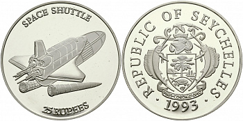 Сейшельские острова 25 рупий 1993 космический корабль, шаттл, тираж 10000 экз. KM 68 серебро PROOF 02-226-13