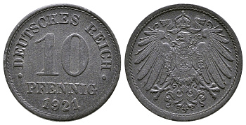 ГЕРМАНИЯ 10 ПФЕННИГОВ 1921 KM 26, J. 299 цинк 4380-234