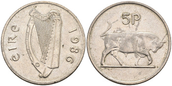 Ирландия 5 пенсов 1986 бык KM 22 медно-никель 4561-1211