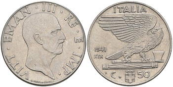 ИТАЛИЯ 50 ЧЕНТЕЗИМО 1941 R, ГОД XIX, ВИКТОР ЭММАНУИЛ III (1900-1946) KM 76b, VEM3. 1063 нержавеющая сталь 3853-331