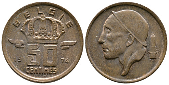 Бельгия 50 сантимов 1974 Belgie, Бодуэн I (1951-1993) KM 149.1 бронза 4383-1125