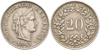 ШВЕЙЦАРИЯ 20 РАППЕНОВ 1943 В KM 29a медно-никель 55-657