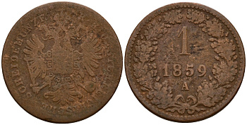 Австрия 1 крейцер 1859 A, Франц Иосиф I (1848-1916) KM 2186 медь 4154-829