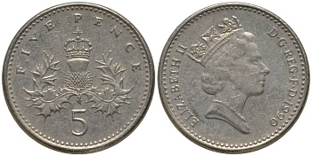 Великобритания 5 пенсов 1990 Елизавета II (1952-2022) KM 937b, Spink 4372 (D4) медно-никель 218-1259
