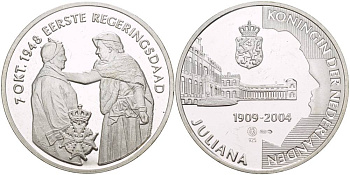 НИДЕРЛАНДЫ МЕДАЛЬ ND СЕРИЯ ЮЛИАНА КОРОЛЕВА НИДЕРЛАНДОВ (1909-2004), 7 ОКТЯБРЯ 1948 СМЕНА ПРАВИТЕЛЬСТВА, ДИАМЕТР 39 ММ., ВЕС 25 ГР., ПРОБА 925 серебро PROOF 1088-5-33