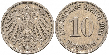 ГЕРМАНИЯ 10 ПФЕННИГОВ 1911 A KM 12, J. 13 медно-никель 73-1433