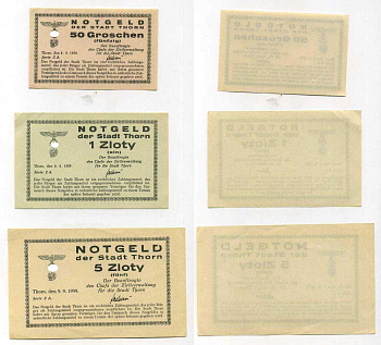 Польша, Торунь 50 грошей, 1 и 5 злотых 1939 оккупационный выпуск бумага aUNC - UNC (пресс) 451-278-1