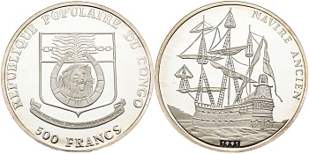 Конго 500 франков 1991 Испанский галеон "Navire Ancien" KM 5 серебро PROOF 00-000-00