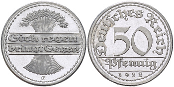 Германия 50 пфеннигов 1922 E J. 301, KM 27 алюминий PROOF 00-817-49