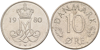 Дания 10 эре 1980 Маргрете II (1972-2024) KM 860.2 медно-никель 4580-314