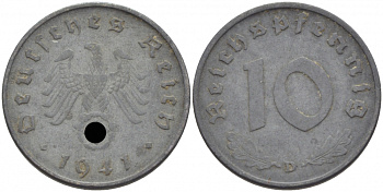 ГЕРМАНИЯ 10 РЕЙХСПФЕННИГОВ 1941 D J.371 цинк 110-253