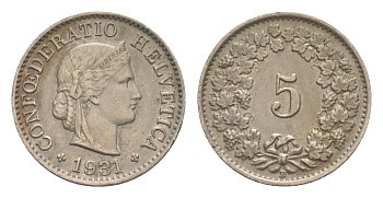 Швейцария 5 раппенов 1931 B KM 26 медно-никель 4630-1165