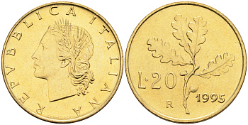 Италия 20 лир 1995 R, дубовый лист KM 97.2 алюминиевая бронза  UNC  4594-941