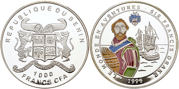 Бенин 1000 франков 1996 Фрэнсис Дрейк, цветная эмаль KM НЕТ серебро PROOF 11-267-32