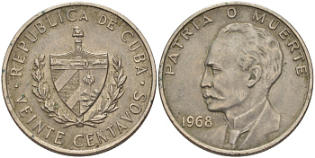 Куба 20 сентаво 1968 Хосе Марти KM 31, Y 25, Schoen 29 медно-никель 67-1133