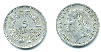ФРАНЦИЯ 5 ФРАНКОВ 1947 OPEN 9 KM 888b.1 алюминий 47-646