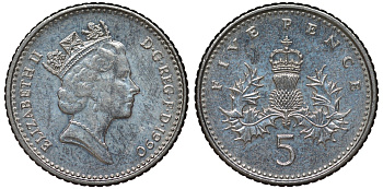 Великобритания 5 пенсов 1990 Елизавета II (1952-2022) KM 937b, Spink 4372 (D4) медно-никель 4124-648